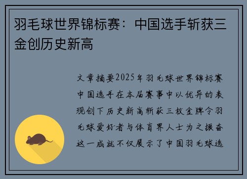 羽毛球世界锦标赛：中国选手斩获三金创历史新高